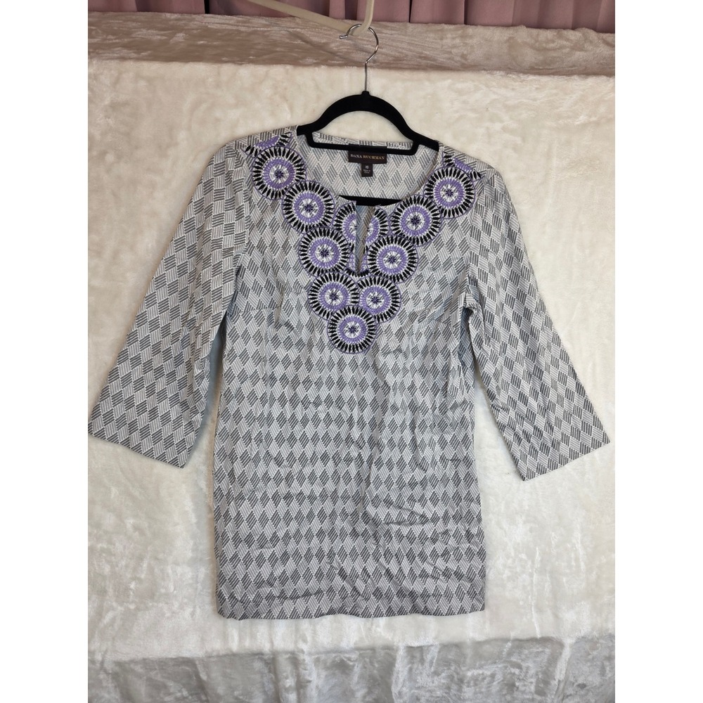 Dana Buchman Womens XS Grey Geometric Embroidered Split Neck 3/4 Sleeve Tunic